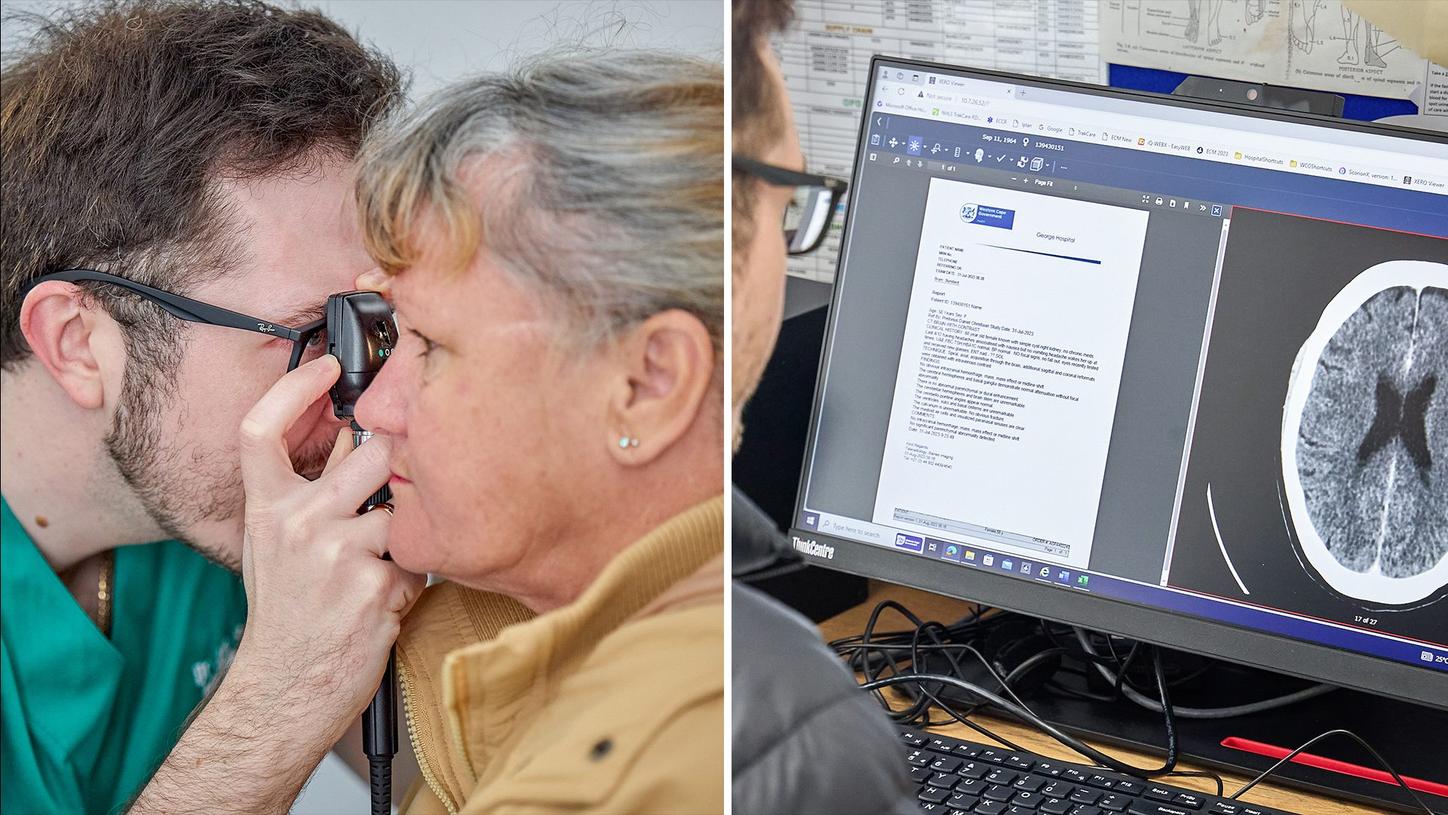 Split Screen: Displaying Jonathan Spanos, medical officer from George in South Africa who is looking at a brain scan and examinig a patient.
