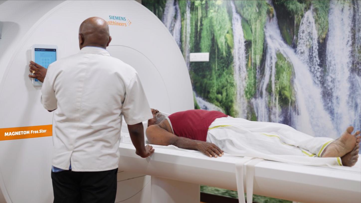 A patient receives an MRI exam at A