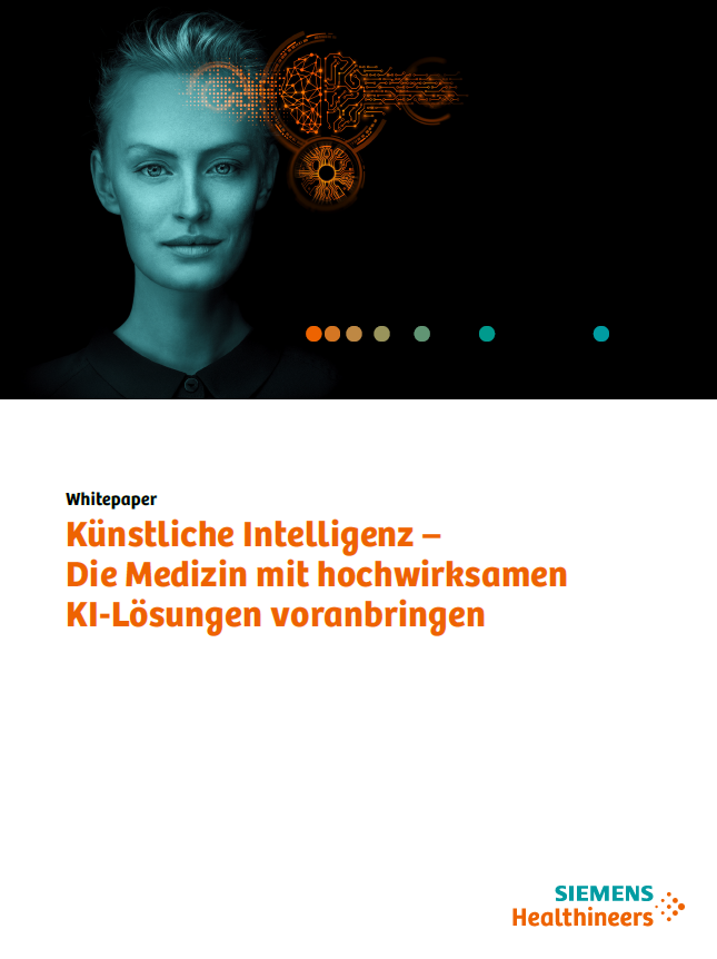 Auf dem Whitepaper Deckblatt steht: Künstliche Intelligenz - Die Medizin mit hochwirksamen KI-Lösungen voranbringen